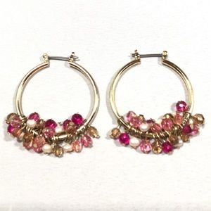 EARRINGS - GOLD-TONE HOOPS with PINK, MAGENTA, and WHITE BEADS.